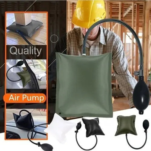 A green inflatable air pump wedge used for car door and window repair, shown with a person in a workshop setting.