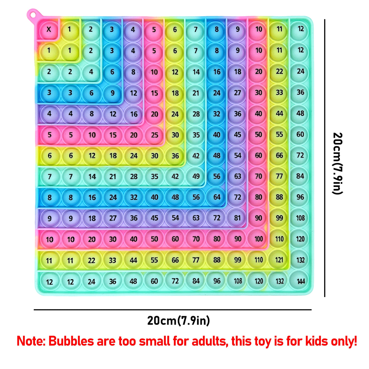 A colorful 12x12 bubble grid math game board for multiplication practice with numbers 1 through 14.