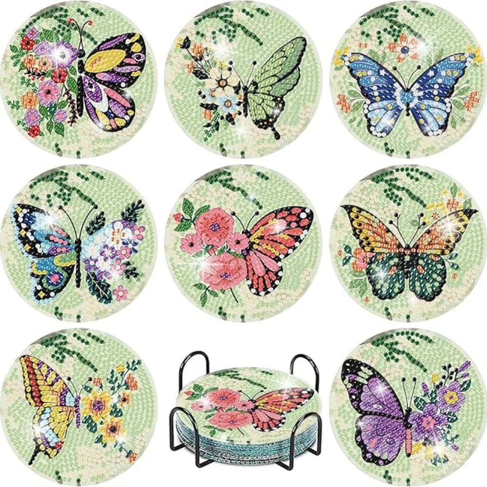 A collection of eight ocean-themed diamond art coasters and a holder kit for DIY crafting.