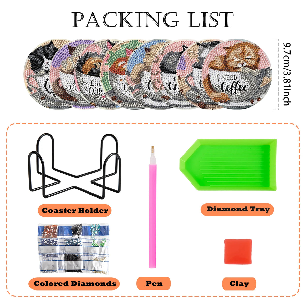 A packing list showing a set of diamond art coasters, a metal coaster holder, colored diamonds, a pen, and clay.
