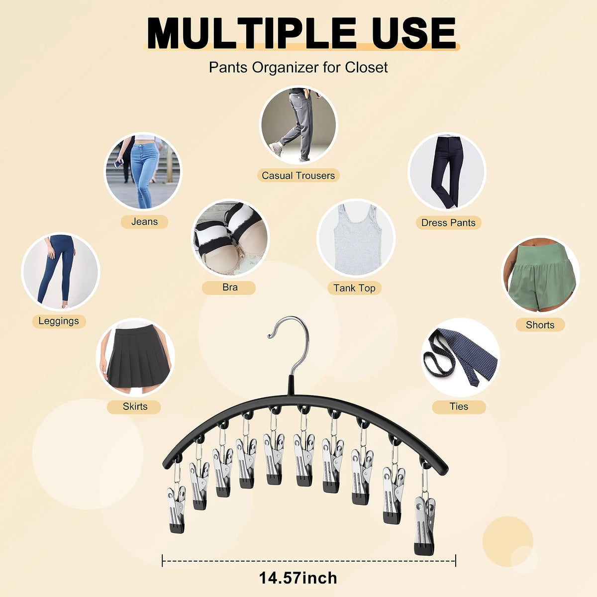 A black stainless steel multi-use hanger with ten clips used to organize various types of pants and clothing.