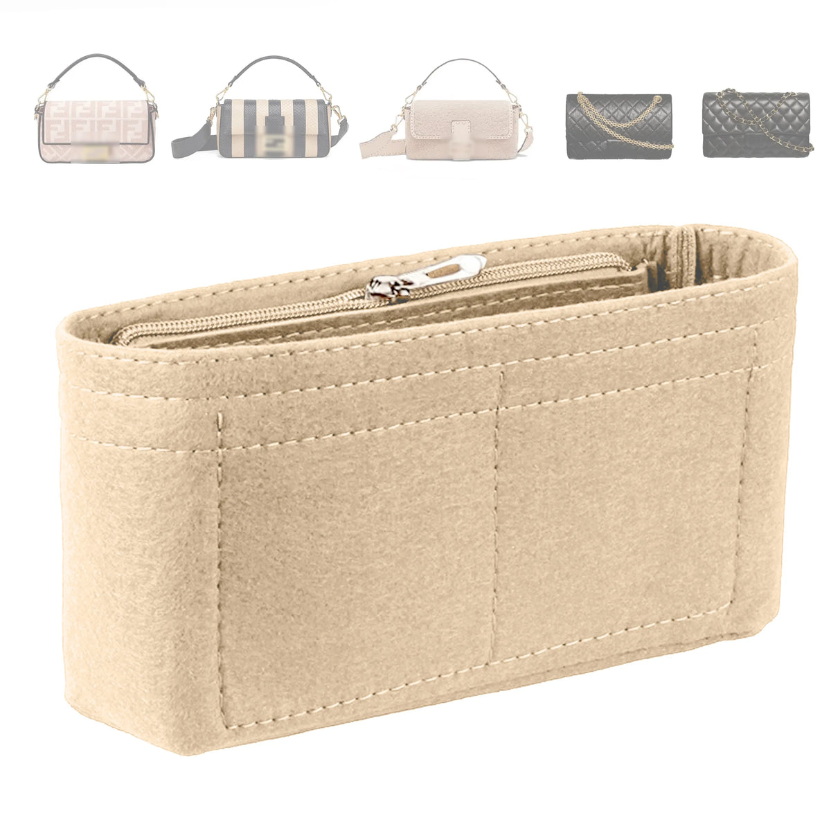 A beige felt handbag organizer insert showing various zippered and open pockets.