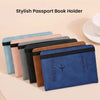 A collection of stylish passport book holders in various colors, including blue and pink, displayed on a light background.
