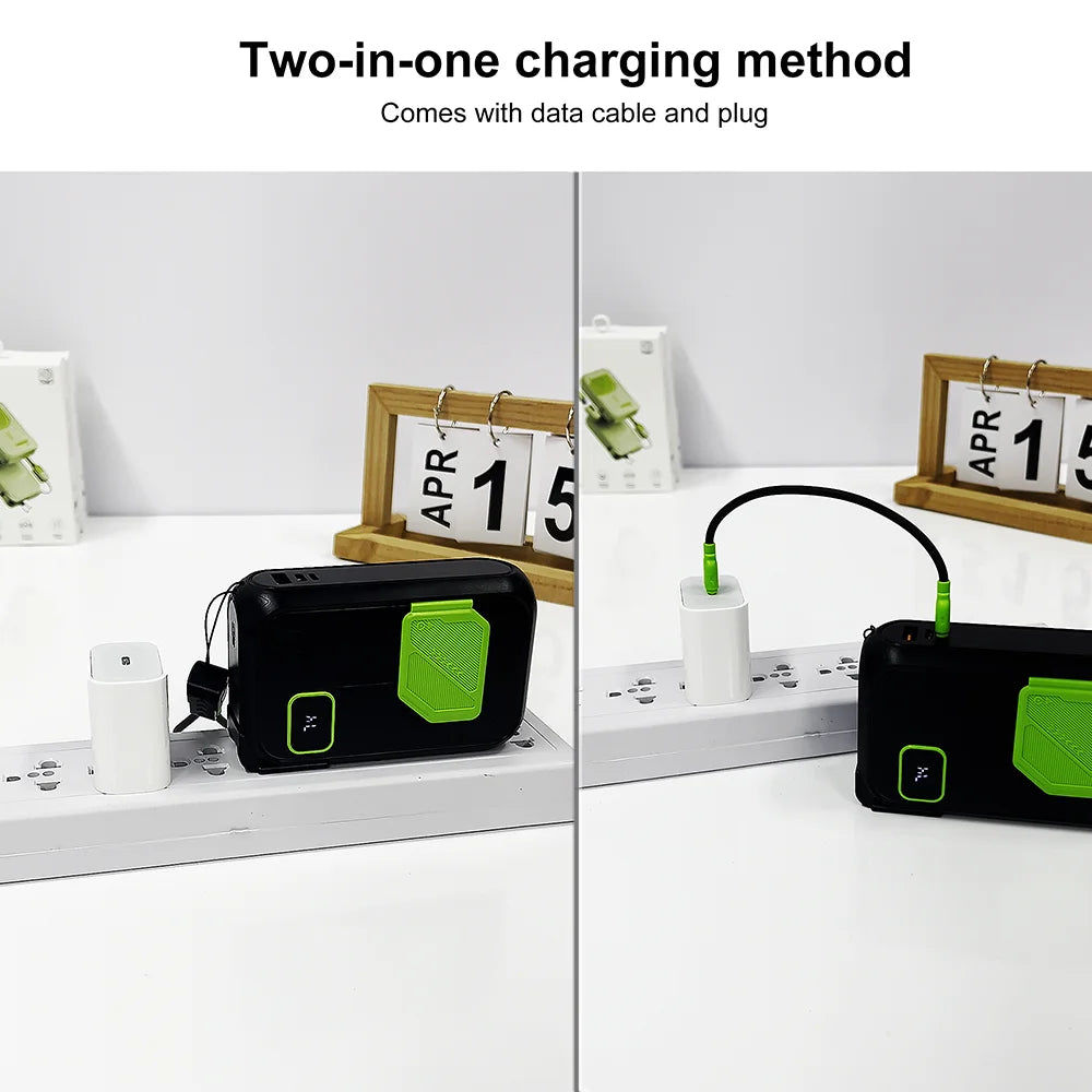 A black power bank is shown with a data cable and plug, demonstrating a two-in-one charging method.