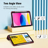 A foldable cover for a tablet showing two angles, one for viewing and one for typing.