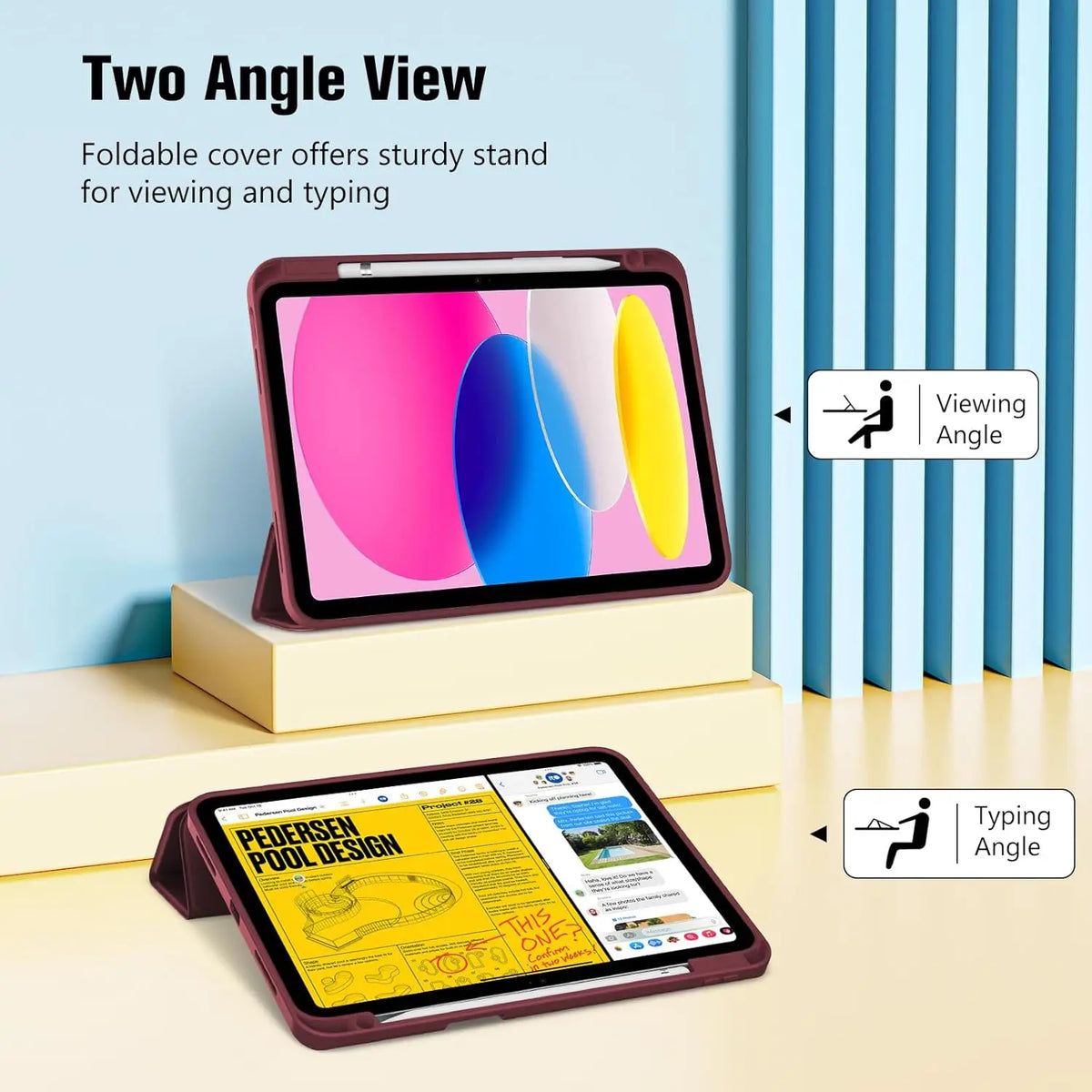 A foldable cover for a tablet showing two angles, one for viewing and one for typing.