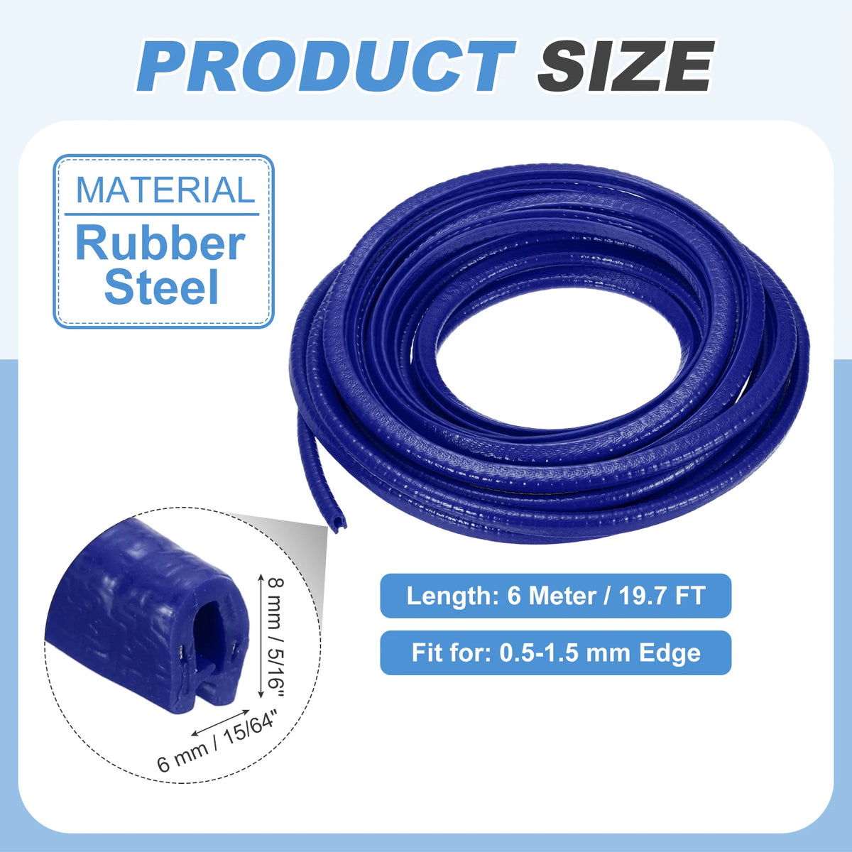 Blue rubber steel flexible trim in a coil with specifications for length and edge fit