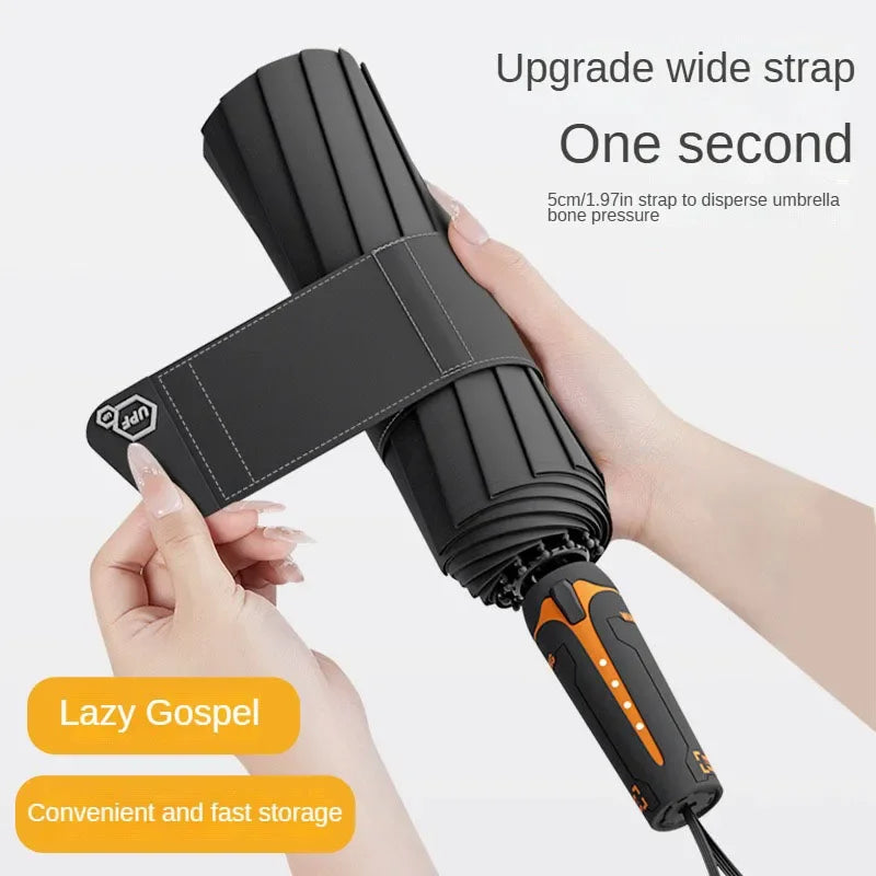 A hand is shown using a black umbrella with a wide strap to disperse bone pressure.