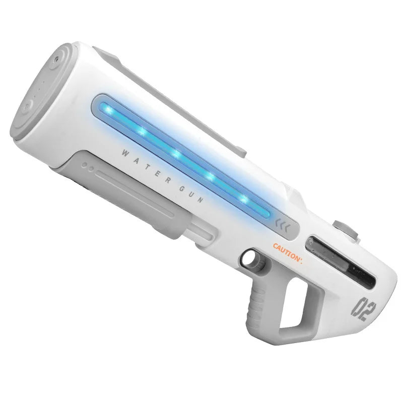 A white electric automatic water blaster with a blue LED light, shown from the side.