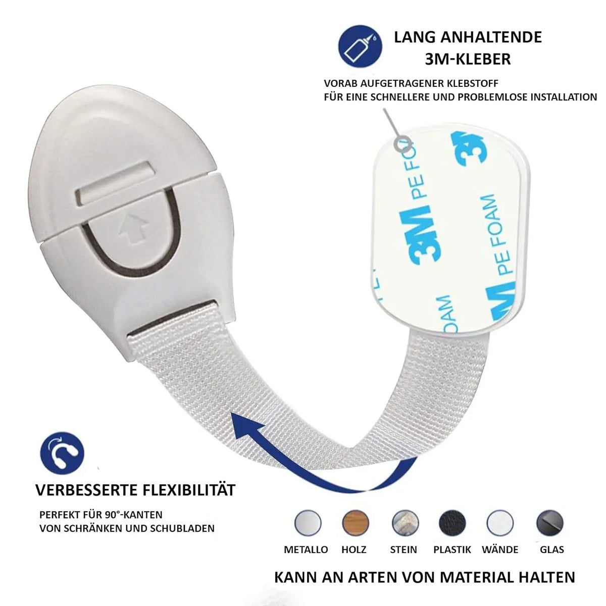 White adhesive locks for cabinets and drawers featuring 3M PE foam tape for easy installation
