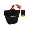 Black heavy duty electrician tool pouch with a red hook and an orange accessory.