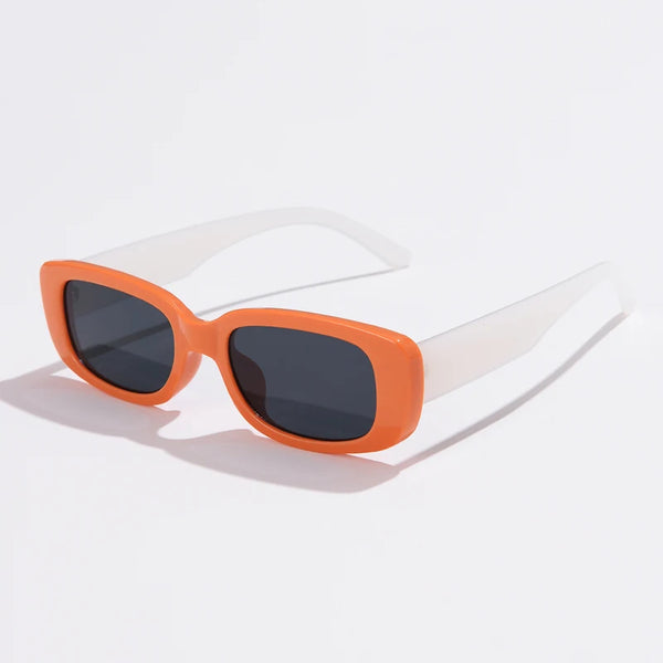 Orange-framed square sunglasses with dark lenses shown against a white background.