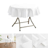 A white round satin tablecloth displayed on a metal stand.