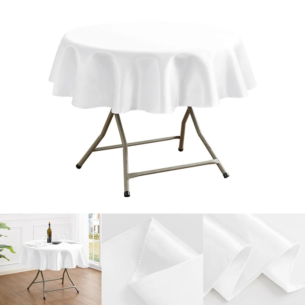A white round satin tablecloth displayed on a metal stand.
