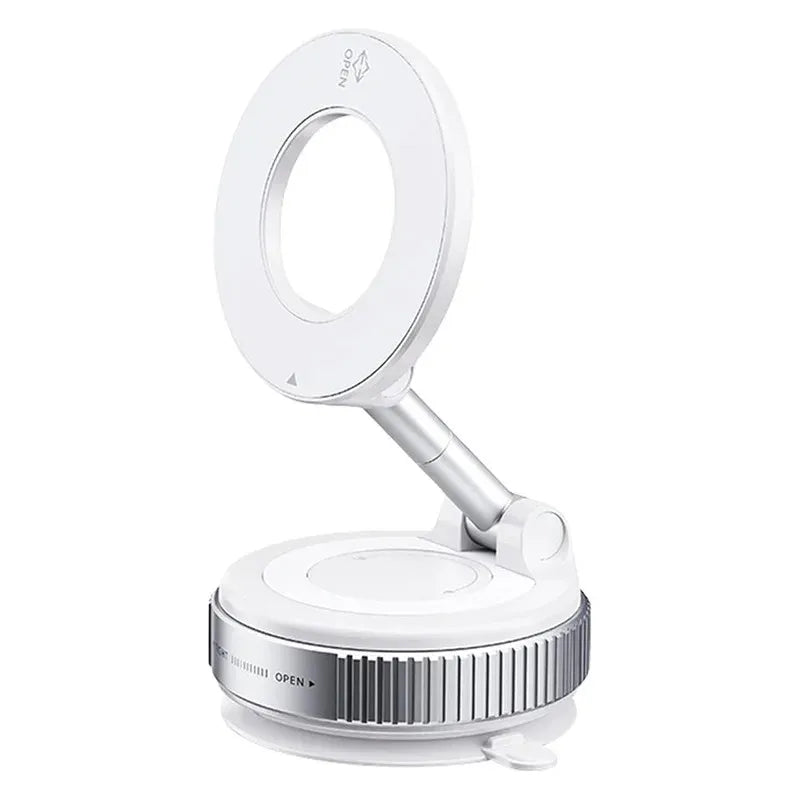 Weißer 360-Grad-magnetischer Handyhalter für das Auto mit kreisförmiger Öffnung und verstellbare Klemmvorrichtung.