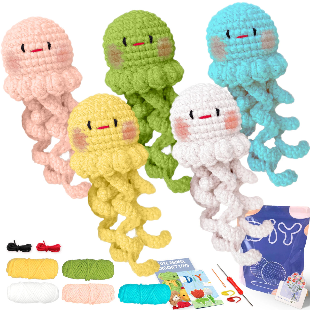 A collection of crocheted animal toys in various pastel colors including pink, yellow, green, and blue.