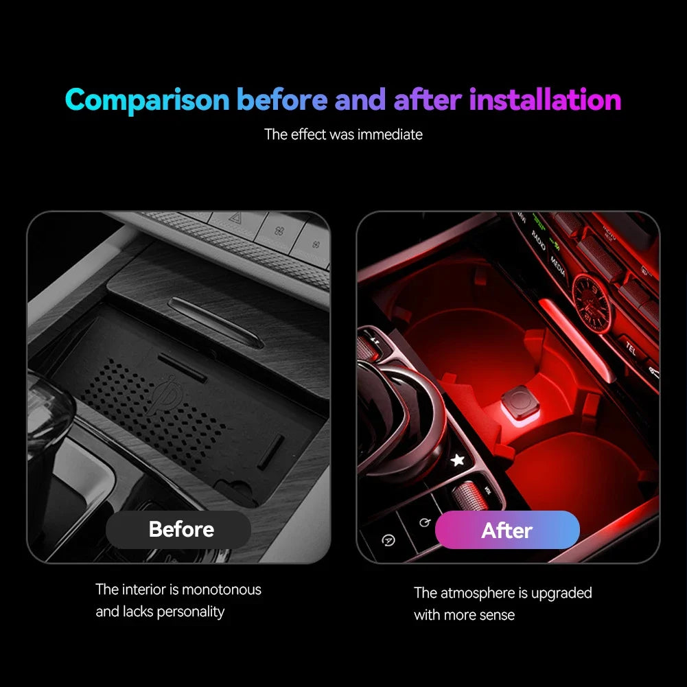 Comparison showing a car interior before and after installation of an LED ambient light.