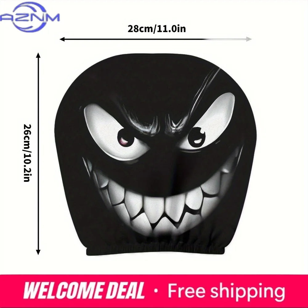 Black soft polyester evil grin car headrest covers set of two