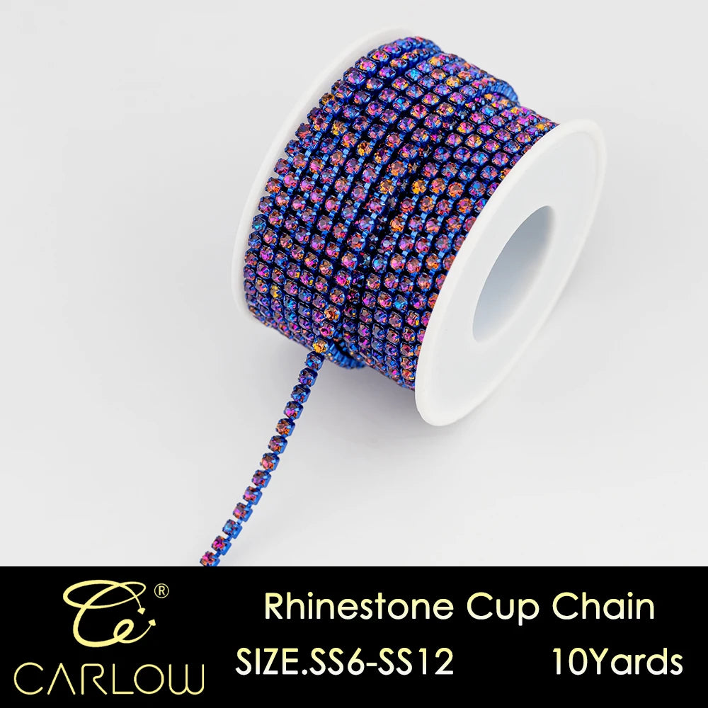 A roll of multi-color glass rhinestone cup chain with a dangling end, labeled as size SS6-SS12 and 10 yards.