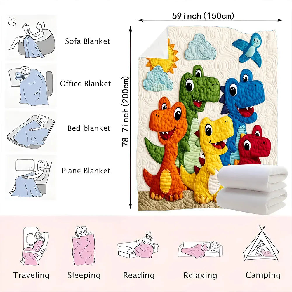 A colorful throw blanket featuring five cartoon dinosaurs and a sunny sky, displayed alongside various uses like traveling, s