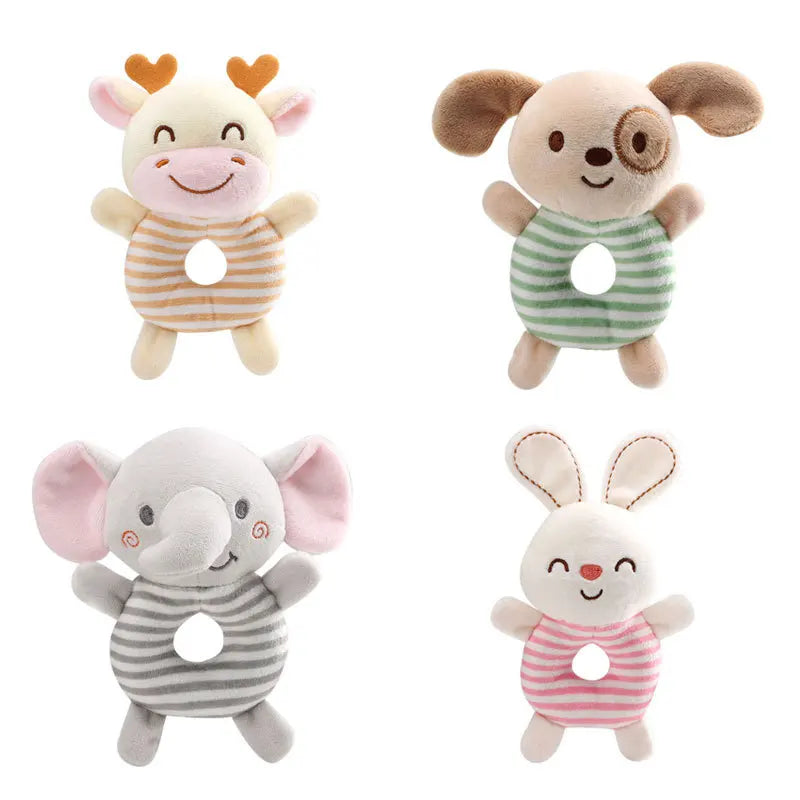 Three soft plush baby rattle toys featuring cartoon animals: a yellow calf, a brown dog, and a gray elephant.
