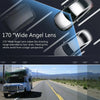 A close-up view of a 170 degree wide angel lens on a dash camera, showing a road scene.