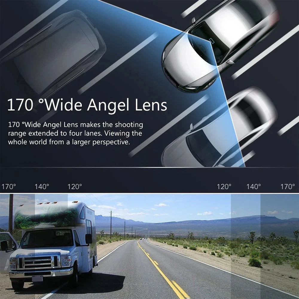 A close-up view of a 170 degree wide angel lens on a dash camera, showing a road scene.