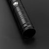 A black lightsaber hilt with an RGB blade is shown in a close-up view against a dark background.