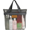 A mesh hanging toiletry bag containing various personal care products.