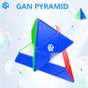 A blue and green GAN pyramid magnetic speed cube is shown in a 3D view against a light background.