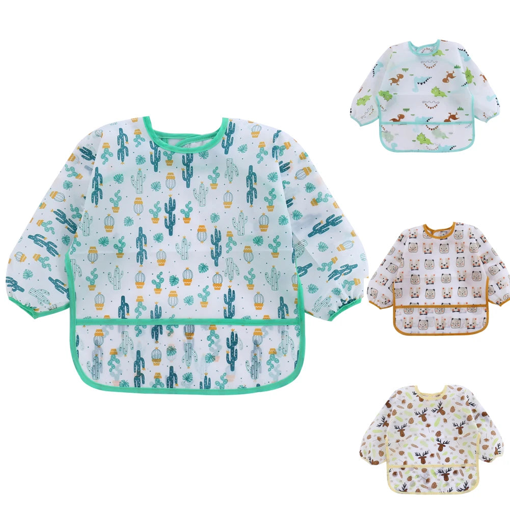 A set of kids waterproof long sleeve art smock and feeding bib featuring a light blue and green cactus pattern.