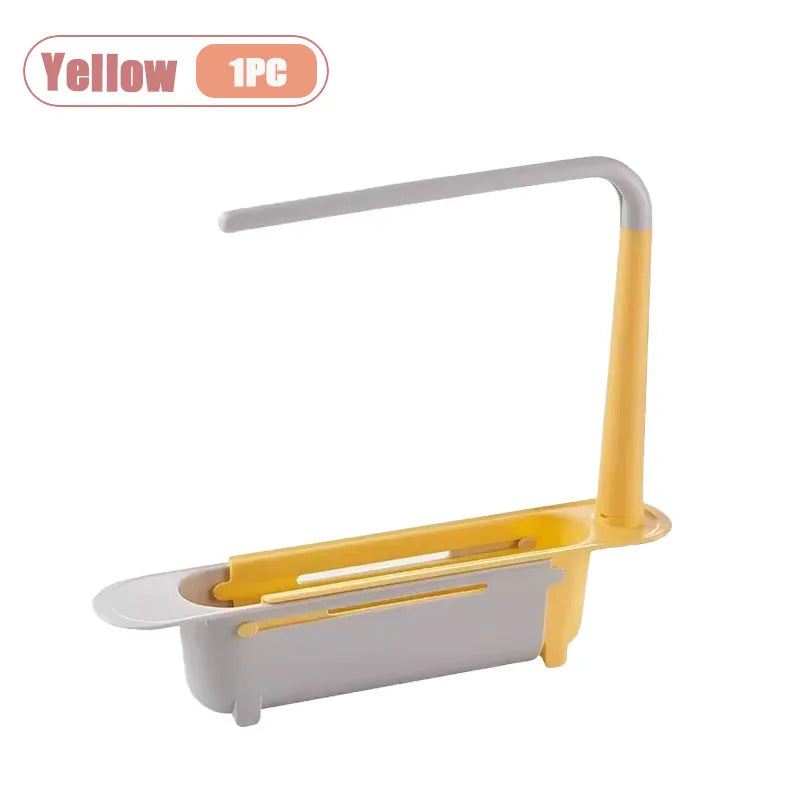Yellow adjustable over-sink dish drying rack and kitchen organizer