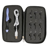 A black zippered case containing a set of nine interchangeable LED crochet hooks and their charging cable.