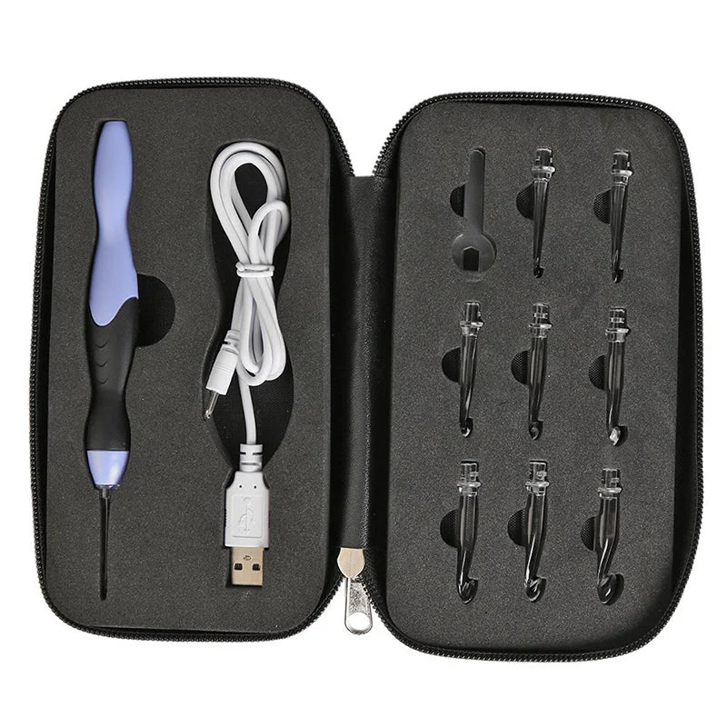A black zippered case containing a set of nine interchangeable LED crochet hooks and their charging cable.