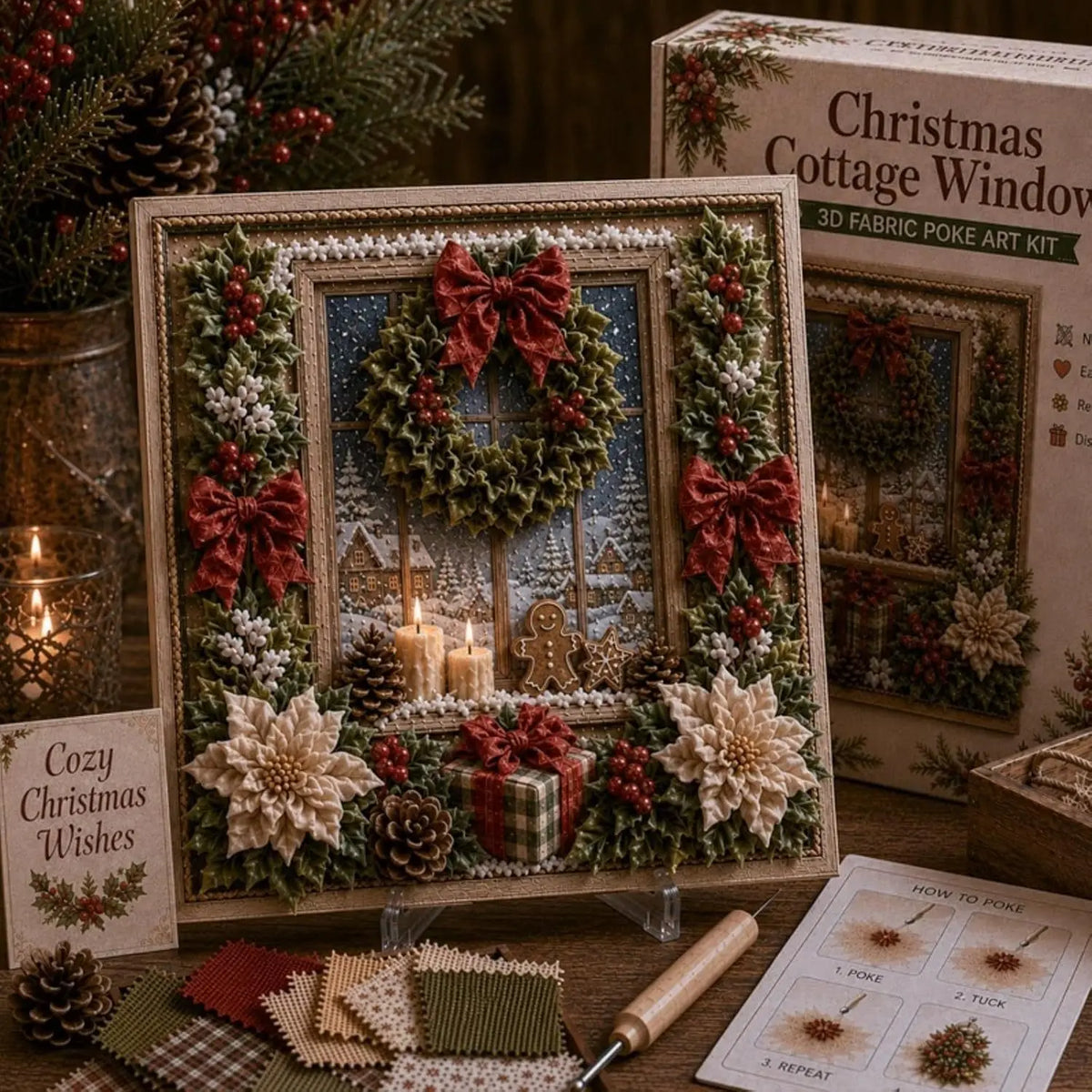 A box of vintage 3D fabric poke art Christmas craft kit featuring a window frame decorated with holly and pine elements.