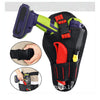 A heavy-duty drill holster featuring a green and purple handle and a black storage pocket with various tools.