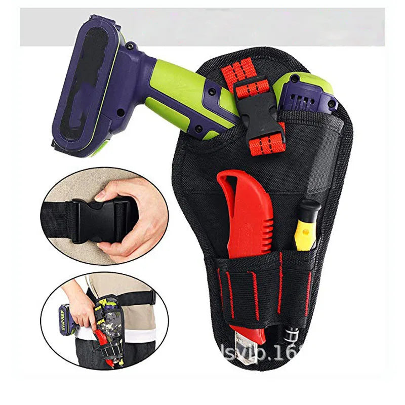 A heavy-duty drill holster featuring a green and purple handle and a black storage pocket with various tools.