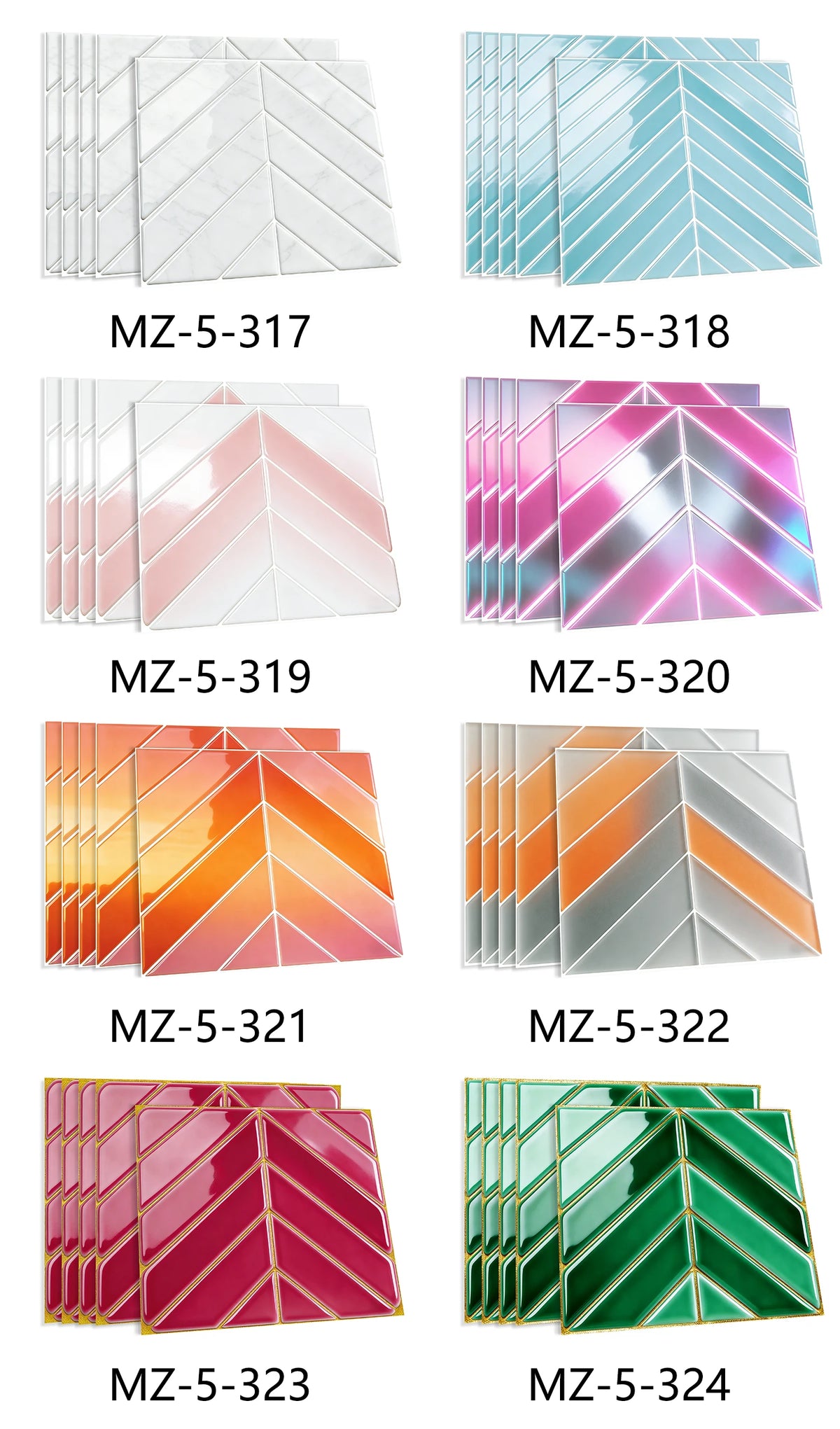 A collection of marble peel-and-stick wall tiles in various shades of pink, teal, orange, and green featuring a herringbone p