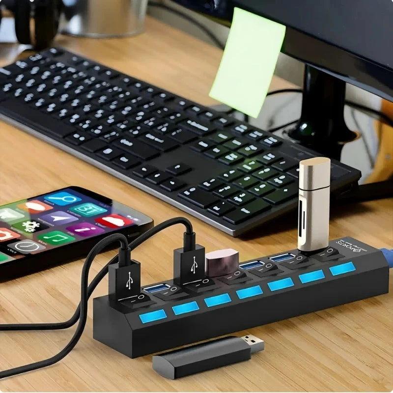 7-Port USB 2.0 Hub with Power Adapter and On/Off Switches