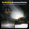 A yellow car is illuminated by a bright headlight beam on a road, demonstrating a wide and perfect beam pattern.