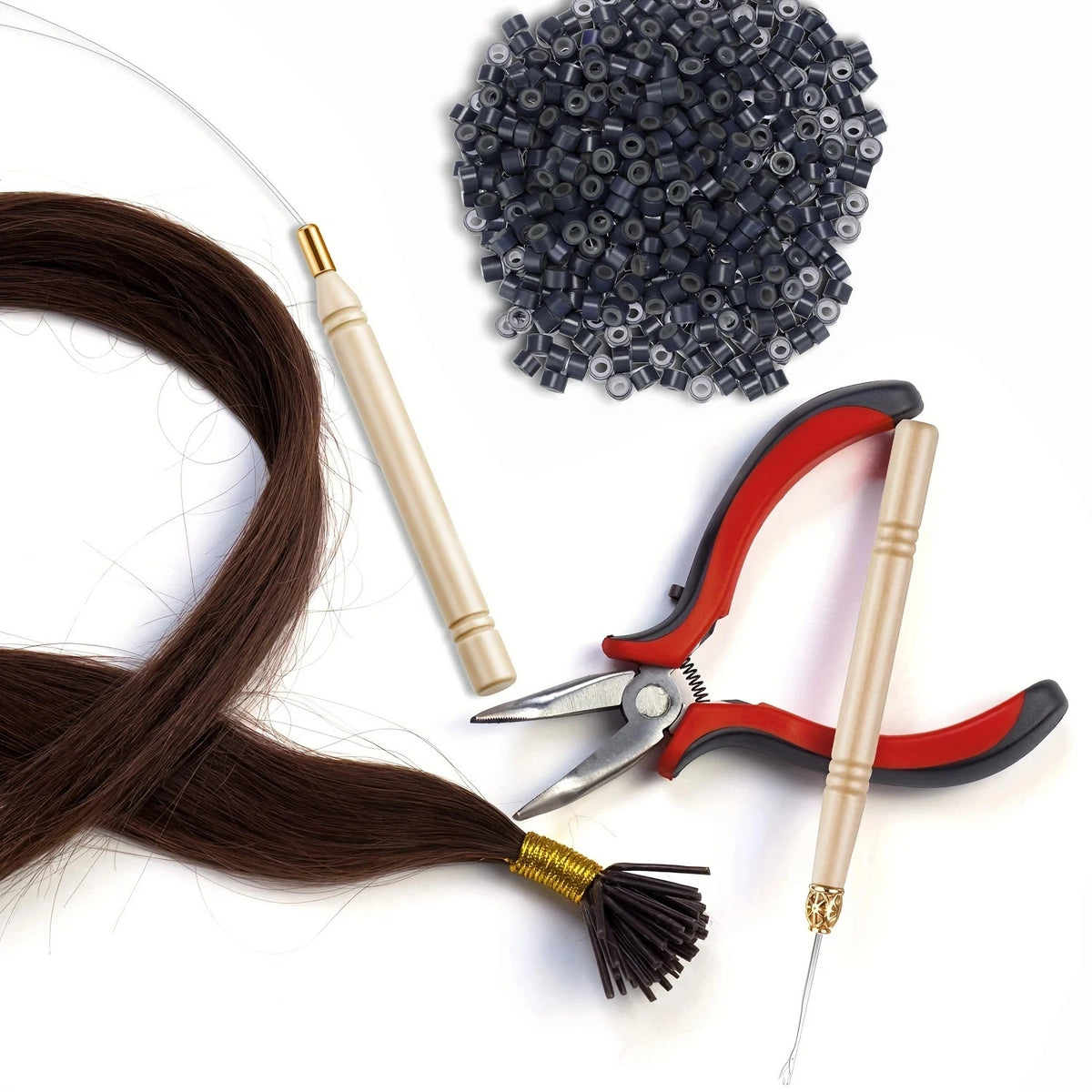 Hair extension installation kit showing a bundle of silicone-lined micro rings and a pair of metal tweezers and a wooden tool