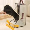 A pair of black boots is shown inside a beige waterproof storage bag with a handle, demonstrating the bag's wide opening.