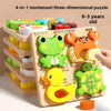 A 4-in-1 Montessori three-dimensional puzzle set featuring wooden animals like a frog, duck, and turtle for toddlers.