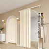 A beige anti-mildew door curtain with vertical pleats is shown installed in a white arched doorway.