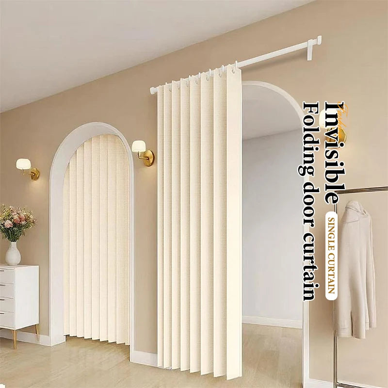 A beige anti-mildew door curtain with vertical pleats is shown installed in a white arched doorway.