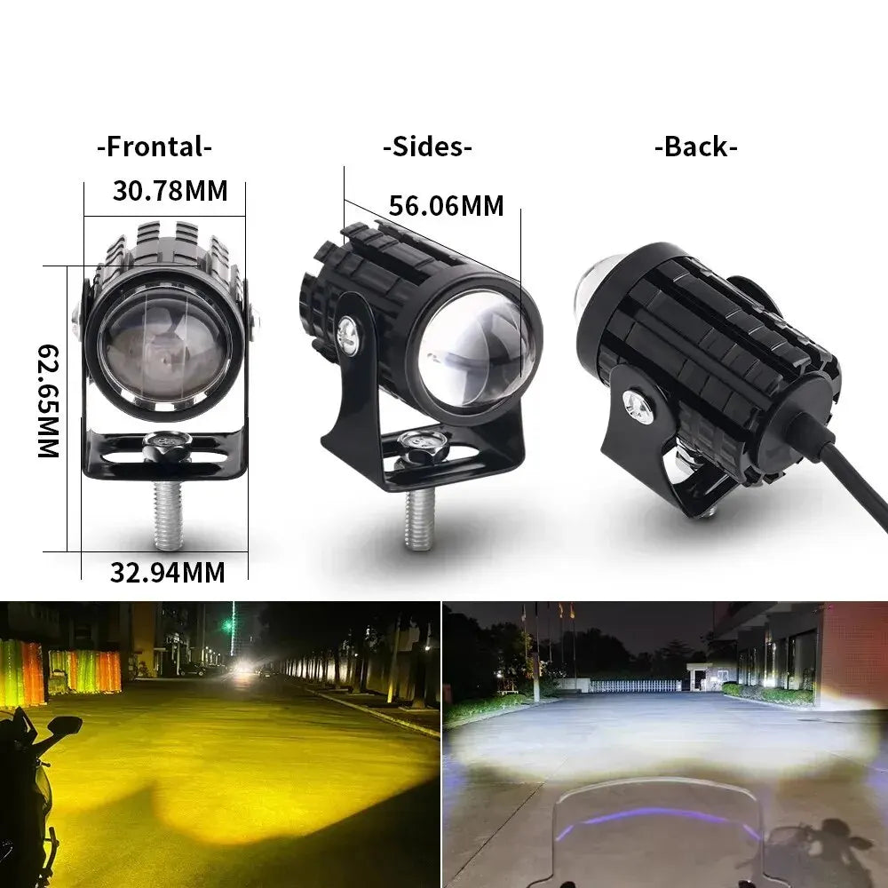 Front, side, and back views of a motorcycle LED projector headlight with dual-color beam.