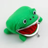 A green plush frog coin purse with a silver mouth opening and a small keychain.