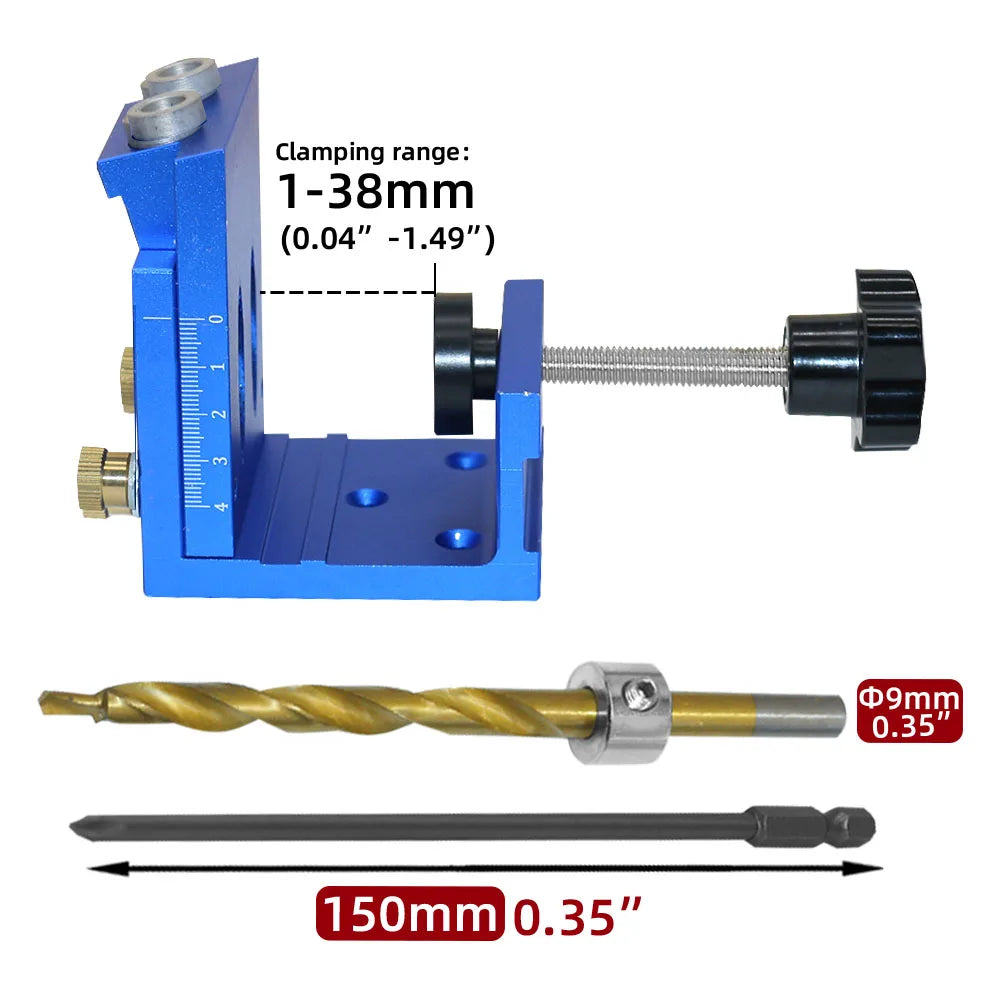 A blue adjustable pocket hole jig kit showing the clamping range and a wood dowel.