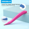 Pink KW-triO pen shaped needle remover tool shown on a light blue background with inset images.