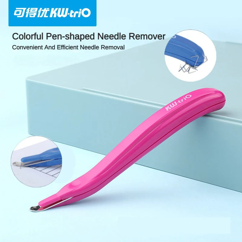 Pink KW-triO pen shaped needle remover tool shown on a light blue background with inset images.
